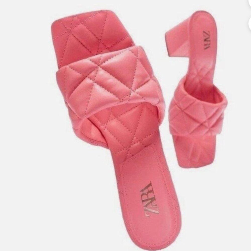 Zara Sandals Wide Heeled Quilted Pink kitten heals size 36 (6.5)